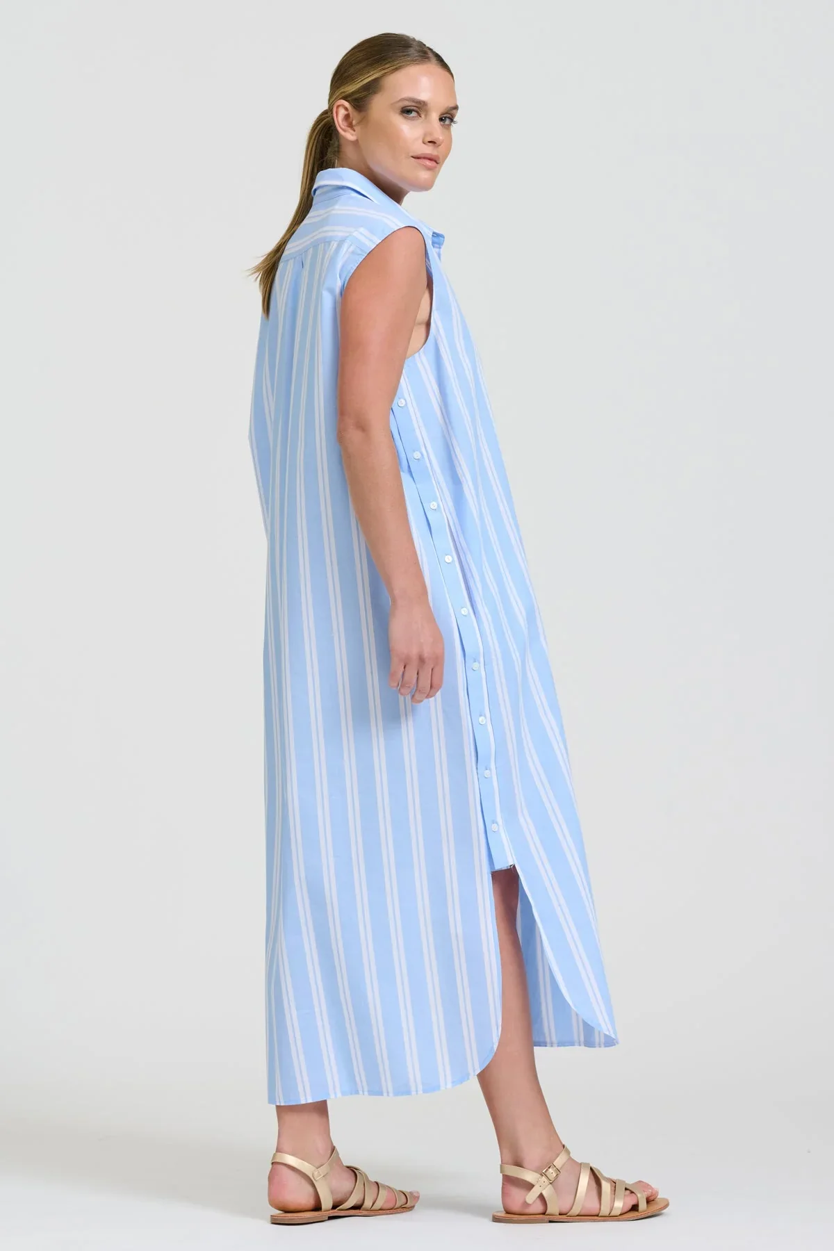 Button Sleeveless Longline Shirtdress | Pale Blue Stripe - Image 5