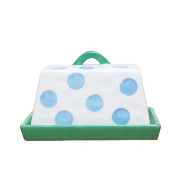 Large Butter Dish | Green & Blue Dots