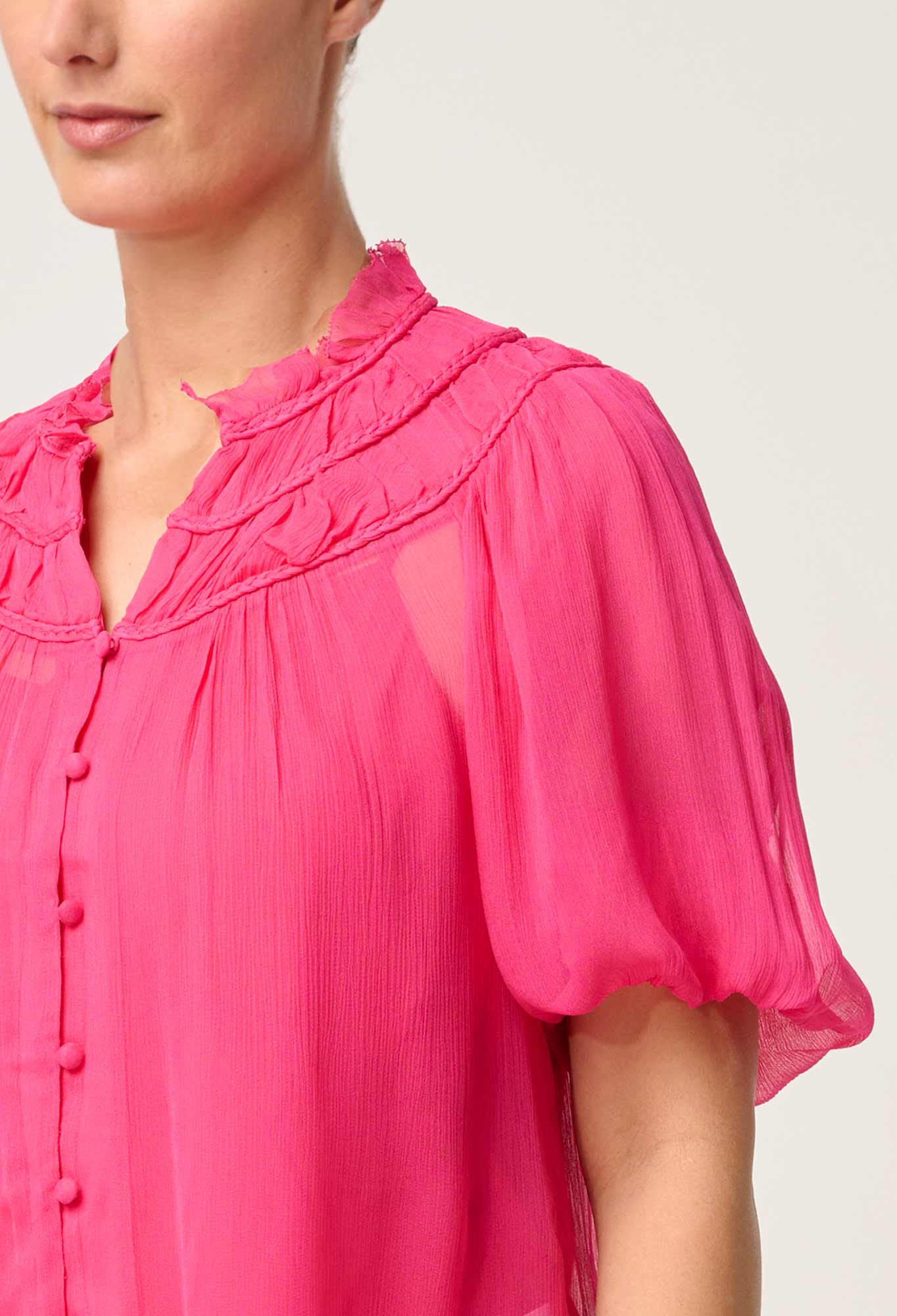 Selini Braided Neck Viscose Chiffon Blouse in Celosia Pink - Image 2