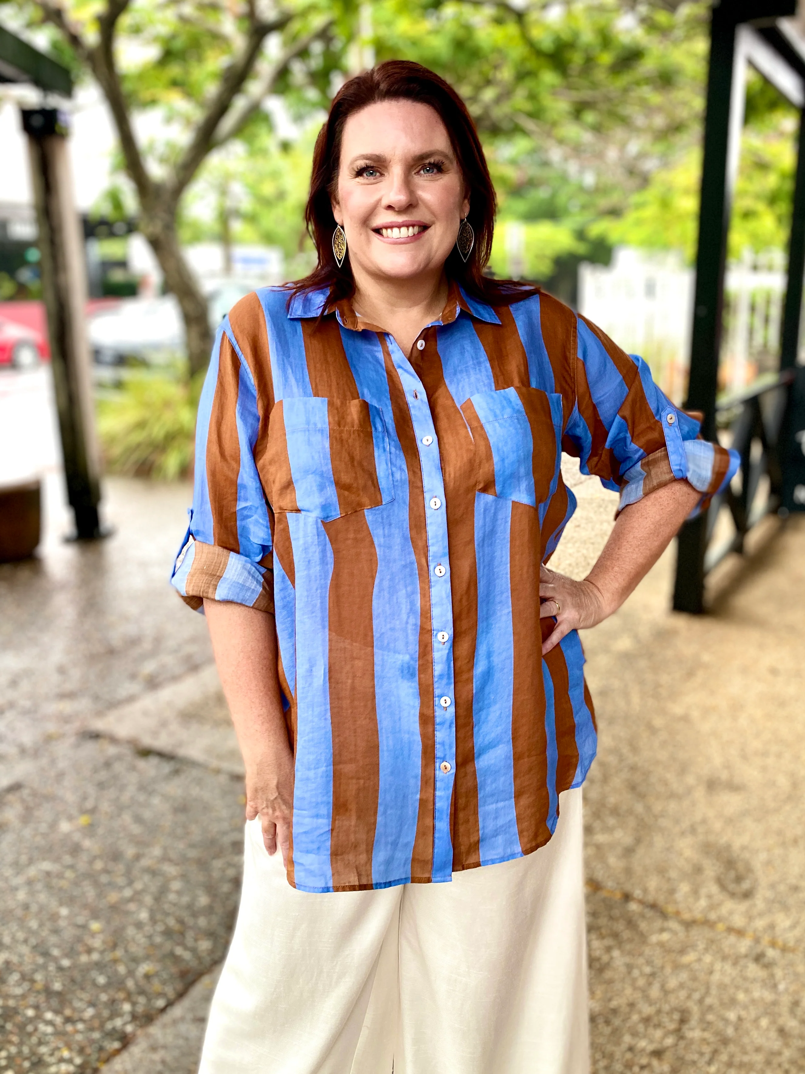 Stripe Shirt Linen | Blue/Rust